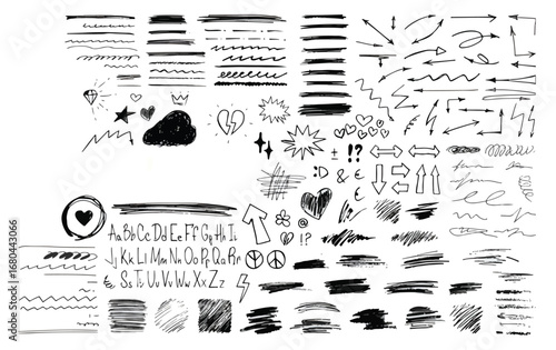 School board, children's doodles and scribble in hand drawn style. Graphic box - arrows, highlighters, underline, round, stars, alphabet, doodles. Scribble drawn with felt-tip pen, chalk, pen. Vector