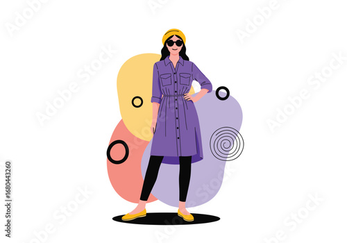 Confident woman in purple dress and yellow headband posing stylishly with abstract shapes