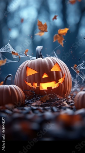 Halloween Pumpkin with Glowing Face in Autumn
