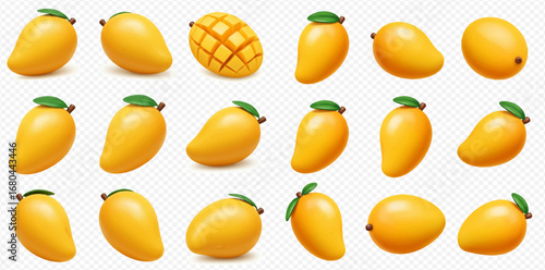 A collection of ripe yellow mangoes, some with green leaves and one scored for serving, presented on a transparent background.