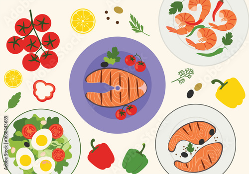 Fresh seafood and vibrant vegetables create a delicious and healthy meal spread for culinary inspiration