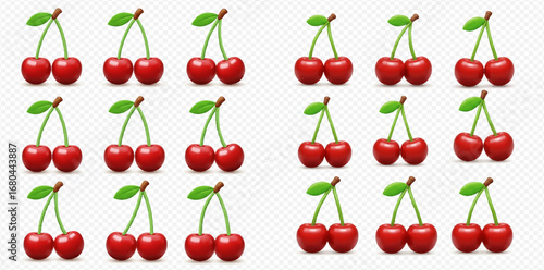 A repeating pattern of glossy red cherry pairs with green stems and leaves on a transparent background.