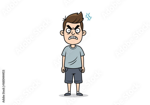 Frustrated young man showing intense anger with furrowed brows and gritted teeth in cartoon style