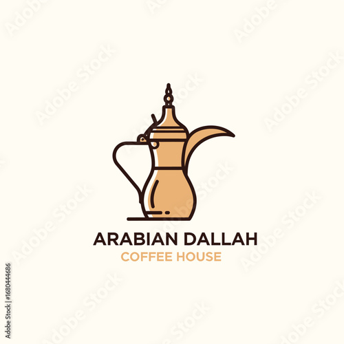 Minimalist logo for an Arabian Dallah Coffee House, featuring a traditional coffee pot line art illustration.