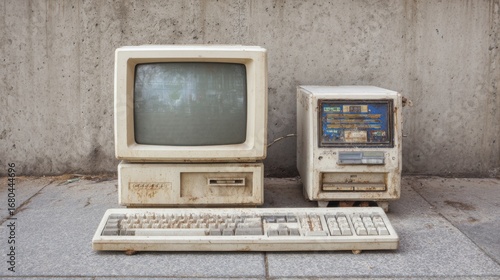 An outdated computer and monitor, both covered in dust and grime, rest side by side against a concrete wall, reflecting a bygone era of technology and digital history