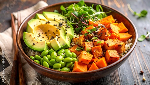 Healthy bowl with avocado, sweet potato, and edamame