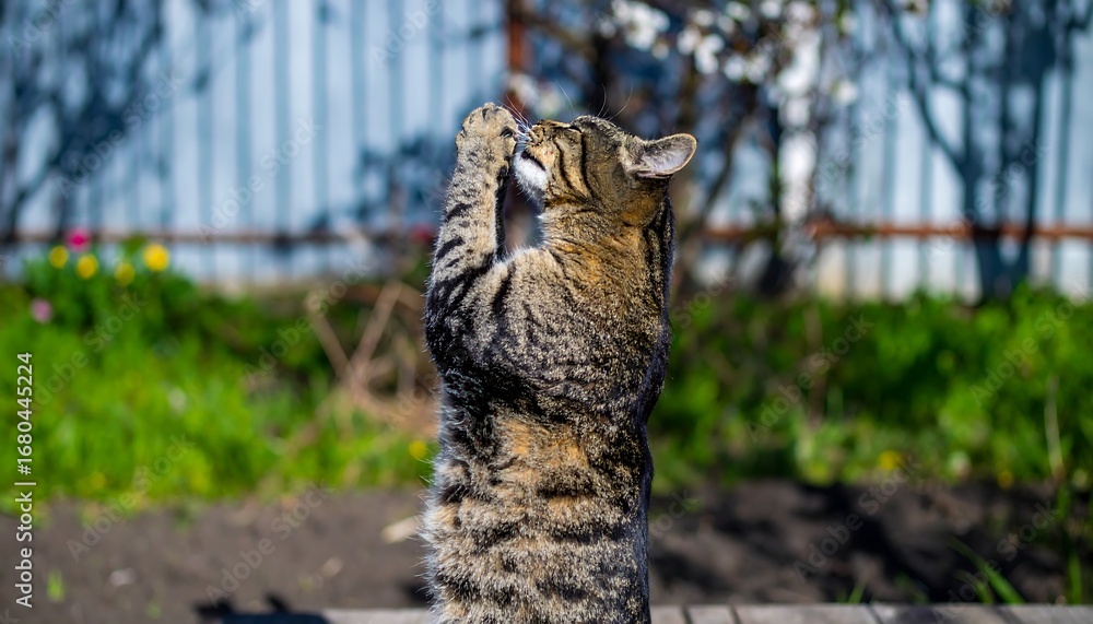 Obraz premium Tabby cat standing on hind legs