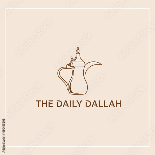 A minimalist logo for 'The Daily Dallah' featuring a brown line art illustration of a traditional Arabic coffee pot on a light beige background.