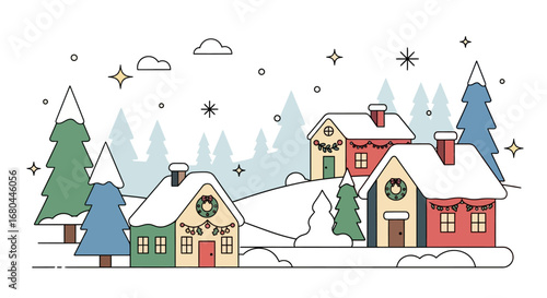 A charming winter village scene with snow-covered houses and decorated Christmas trees, set against a backdrop of snowy hills and pine trees.