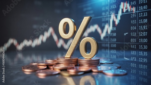 Golden percentage symbol on coins with stock market graph