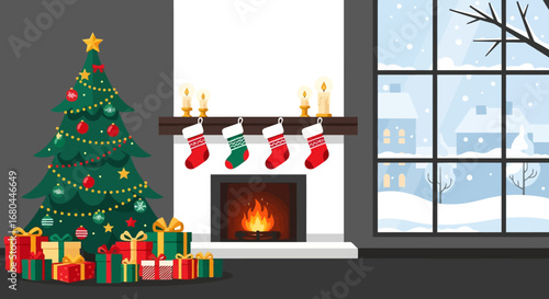 Cozy Christmas scene with a decorated tree, fireplace, stockings, and gifts, viewed through a snowy window.