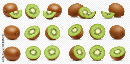 A collection of fresh whole, half, and sliced kiwis displaying their vibrant green flesh and brown fuzzy skin on a transparent background.