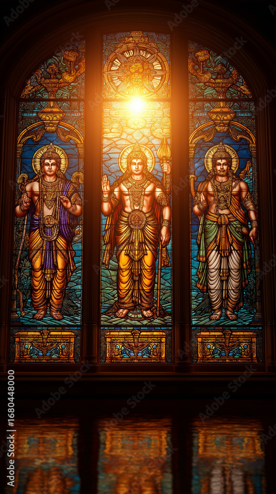 Obraz premium Stained Glass Window Artwork: A luminous display of stained glass art depicting three figures, bathed in the radiant glow of sunlight, in a photorealistic, religious setting. 
