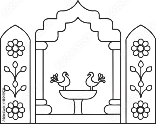 Charming mughal pavilion design, featuring birds and floral elements, ideal for coloring books and artistic endeavors