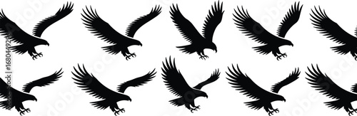 Eagle silhouettes in flight with wings spread and talons extended, black bird shapes on white background, vector-style wild raptor design.