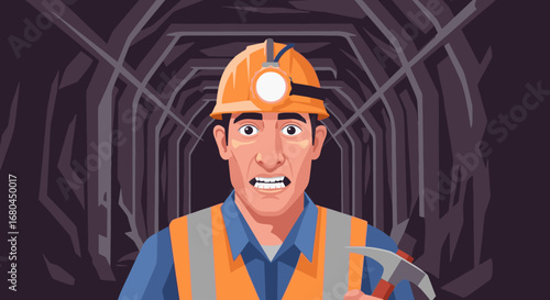 Distressed Miner Facing Challenges in a Dark Underground Tunnel, Highlighting the Dangers and Hardship of Mining Work
