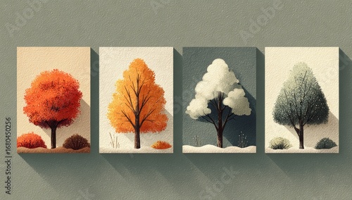 Four framed artworks depict trees in different seasons
