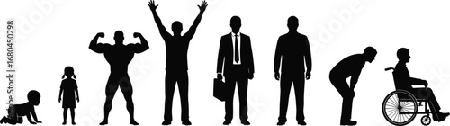 "Silhouette Evolution from Crawling to Childhood, Strongman, Business Attire, and Sitting in a Wheelchair"