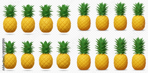 Sixteen identical ripe pineapples with green leafy crowns arranged in two rows on a transparent background.