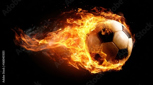 A soccer ball is seen soaring through the air, enveloped in vibrant flames that accentuate its speed and energy against a dark backdrop. The combination creates a thrilling visual