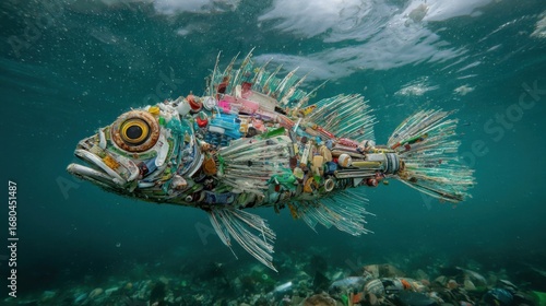 A fish crafted entirely from various types of plastic waste drifts through clear ocean waters, highlighting the issue of marine pollution amidst underwater debris