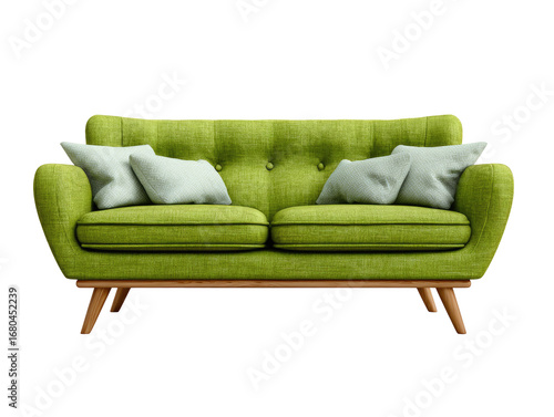 Lime green couch with light gray pillows. Mid-century modern style