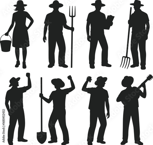Farmer Silhouette Vector Set, Agriculture Worker Clipart, Farming Tools, Rural Lifestyle Graphic, Country Life Black Outline Icons