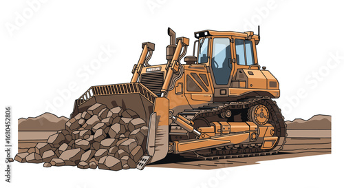 Robust Heavy Duty Bulldozer Moving Rocks and Earth on a Construction Site with Powerful Tracks and Blade