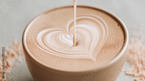 Creamy hot chocolate food with heart shaped latte art in ceramic cup, warm and inviting atmosphere, smooth texture, rich flavor, perfect for cozy moments and relaxation, comforting creamy drink