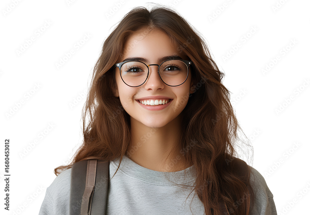 Obraz premium a smiling female student with glasses, wearing a gray sweatshirt and backpack,.a smiling female student with glasses, wearing a gray sweatshirt and backpack, isolated on a transparent png background.