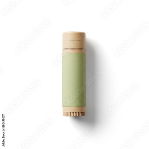 Beige and green lip balm tube isolated on white background for beauty and health care