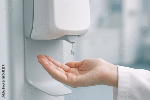touchless invention concept. Hand receiving liquid from a wall-mounted dispenser.