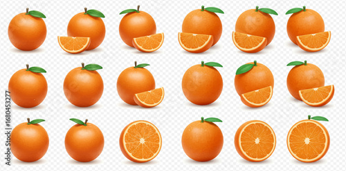 A collection of fresh oranges, some whole with green leaves, others cut into wedges and halves, showcasing their vibrant citrus pulp.