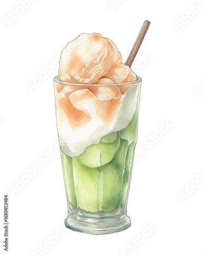 Watercolor Illustration of Melon Cream Soda with Vanilla Ice Cream Float in Tall Glass, isolated with transparent background