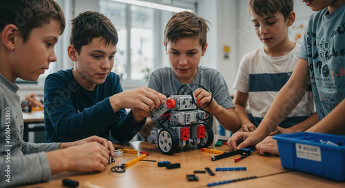 Children acquiring practical technology knowledge through hands-on learning, assembling a programmable robot as a team in an after-school club