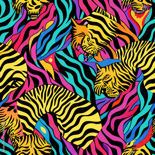 “Seamless Maximalist 90s Neon Tiger and Zebra Animal Print Vector Pattern”