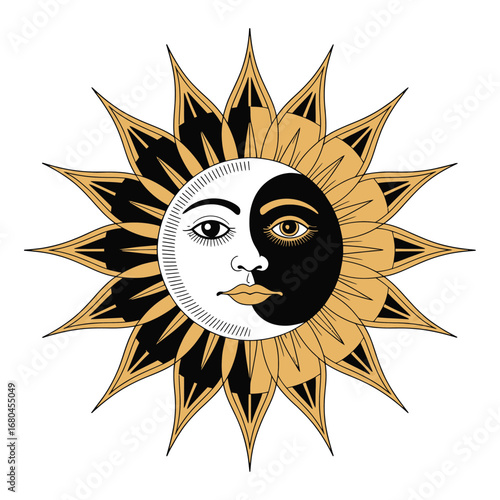 Celestial sun and moon face emblem radiating mystical energy and spiritual balance, a captivating design for astrology and tarot themes