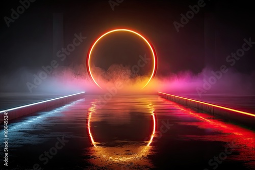 Neon ring, colorful light, smoky stage