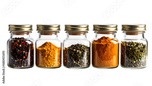 Fototapeta Naklejka Na Ścianę i Meble -  Colorful glass spice bottles isolated on white background