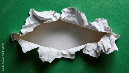 Ripped white paper hole in green background