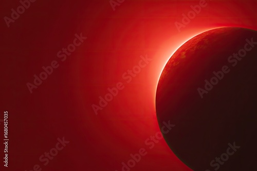 Red planet, close-up, glowing, against a fiery, intense red background