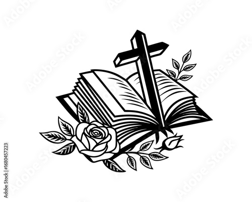 Christian faith symbolism open bible with rose and cross representing scripture and eternal life