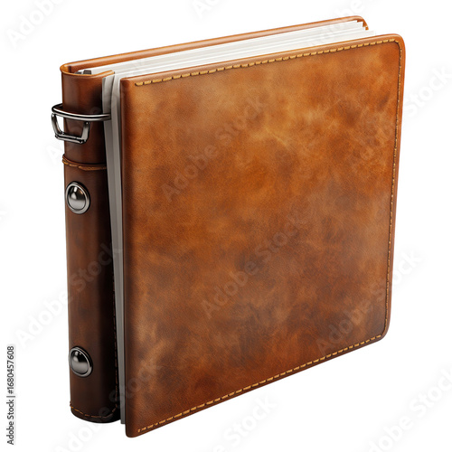 Elegant brown leather binder with metal rings and white paper ideal for organizing documents and presentations in a sophisticated manner on transparent background