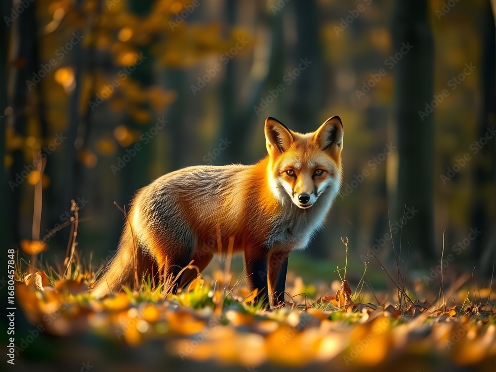 Fototapeta premium Wild red fox in a snowy forest during golden hour