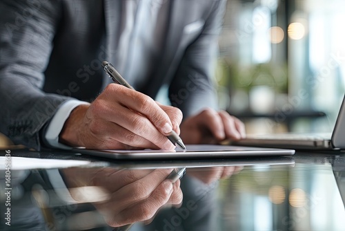 Close-up of hands signing digital tablet