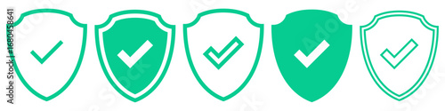 Shield check mark icon or security shield protection icon with tick symbol. green security shield icon