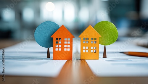 Two small, orange houses with colorful trees on a desk with papers