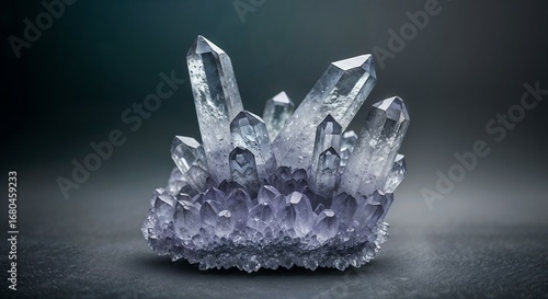 Close-Up View of Color-Adaptive Quartz Cluster Featuring Frosted Base Shards on Misty Slate Surface with Botanical Gradient Background