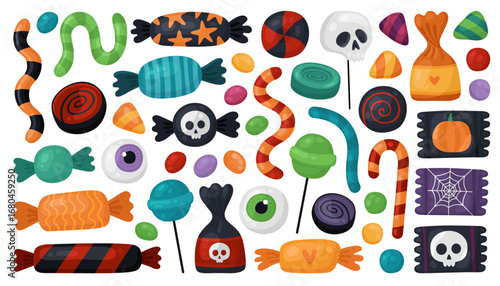 Large collection of Halloween candies. Chocolate candies in a wrapper, lollipops, caramel, gummy worms. Trick or treat, Halloween treats, many different sweets.