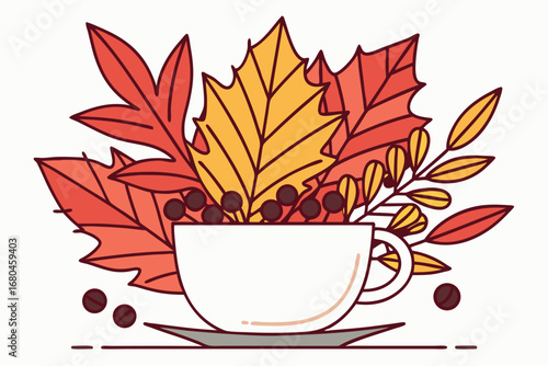Colorful autumn leaves and berries fill the white teacup with saucer showing the season